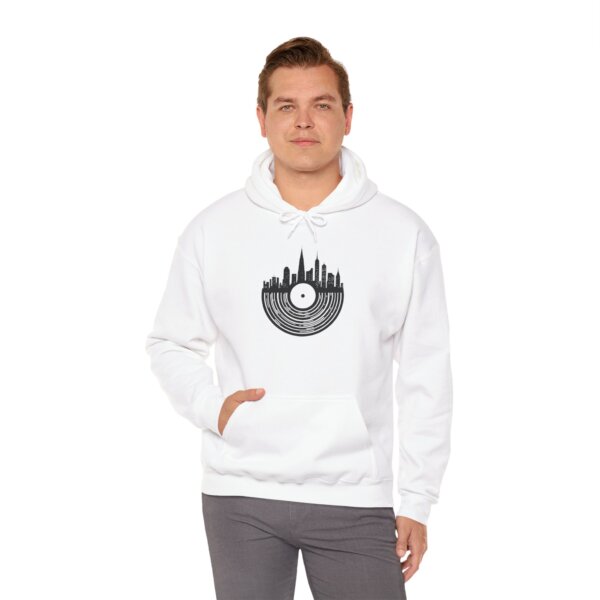 Iconic Cityscape & Record Player Hoodie - Urban Chic for Design Lovers - Image 4