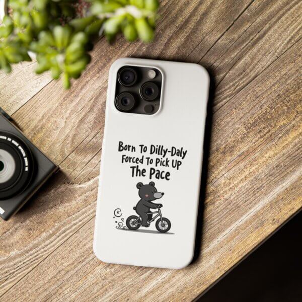 Born To Dilly Dally Slim iPhone Case - Black Bear Riding Bike - Image 15