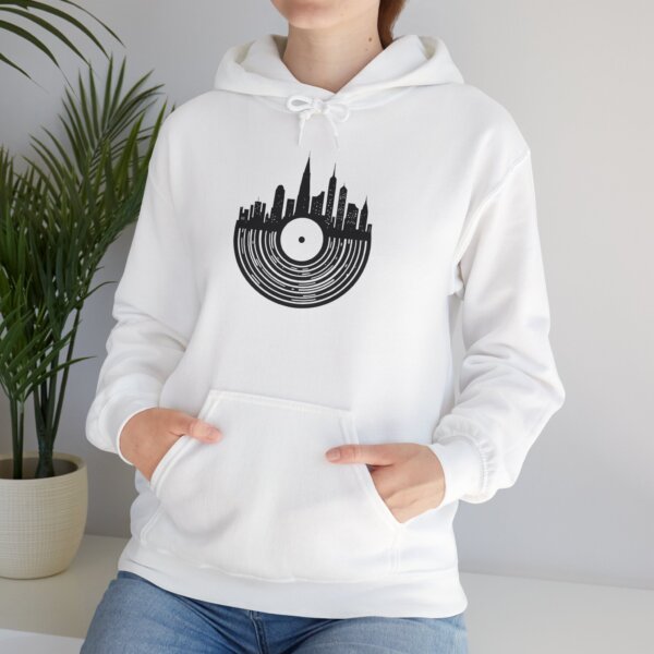 Iconic Cityscape & Record Player Hoodie - Urban Chic for Design Lovers