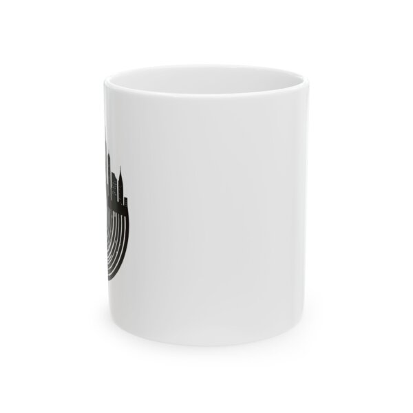 Urban Elegance Ceramic Mug - Cityscape & Vinyl Records Design - Image 2