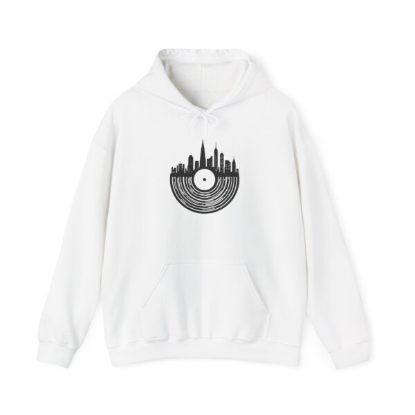 Iconic Cityscape & Record Player Hoodie - Urban Chic for Design Lovers - Image 2