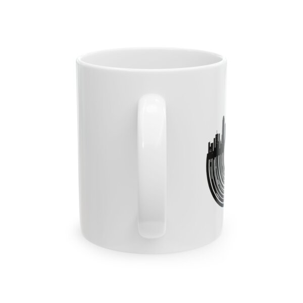 Urban Elegance Ceramic Mug - Cityscape & Vinyl Records Design - Image 3