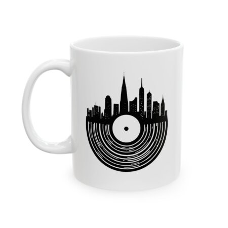 Urban Elegance Ceramic Mug - Cityscape & Vinyl Records Design