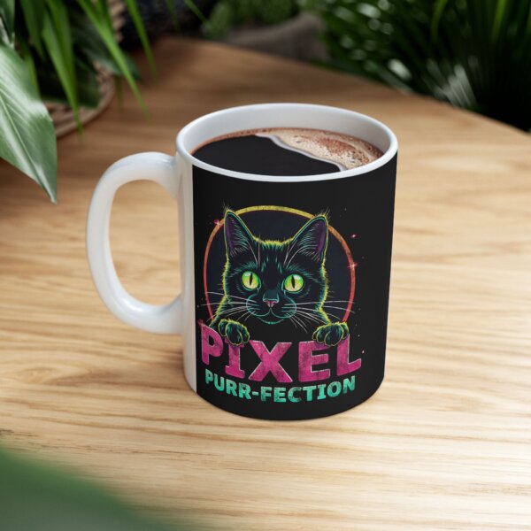 Pixel Purr-Fection: Green-Eyed Cat Mug - Image 4